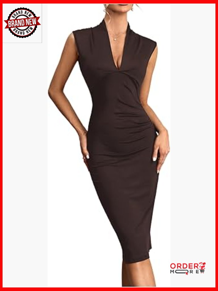 Sleeveless V-Neck Midi Pencil Dress Ruched Bodycon Cocktail Party